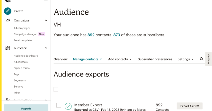 You can export your Mailchimp contacts from the Audience page.